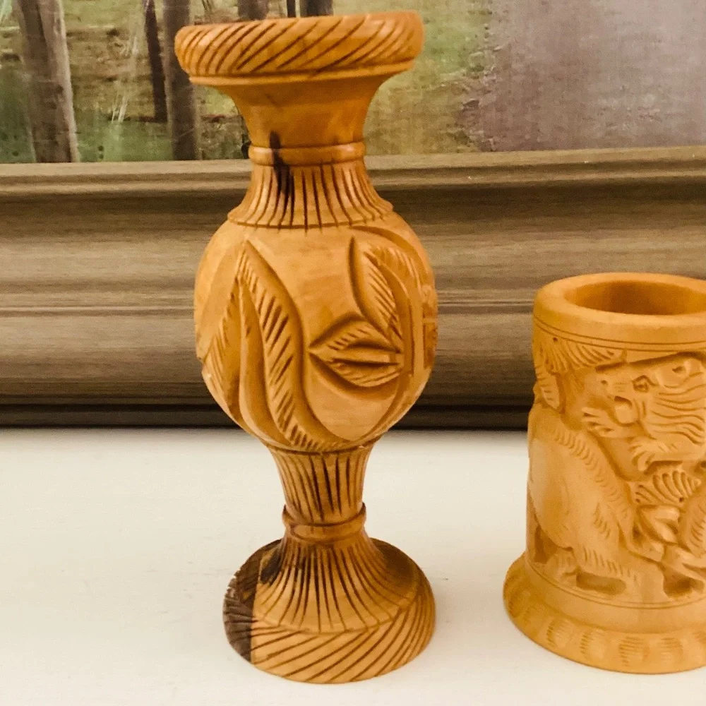 Handcrafted Carved Wooden Vase Pencil Holder Gift Set Of 2 Office Décor Vintage